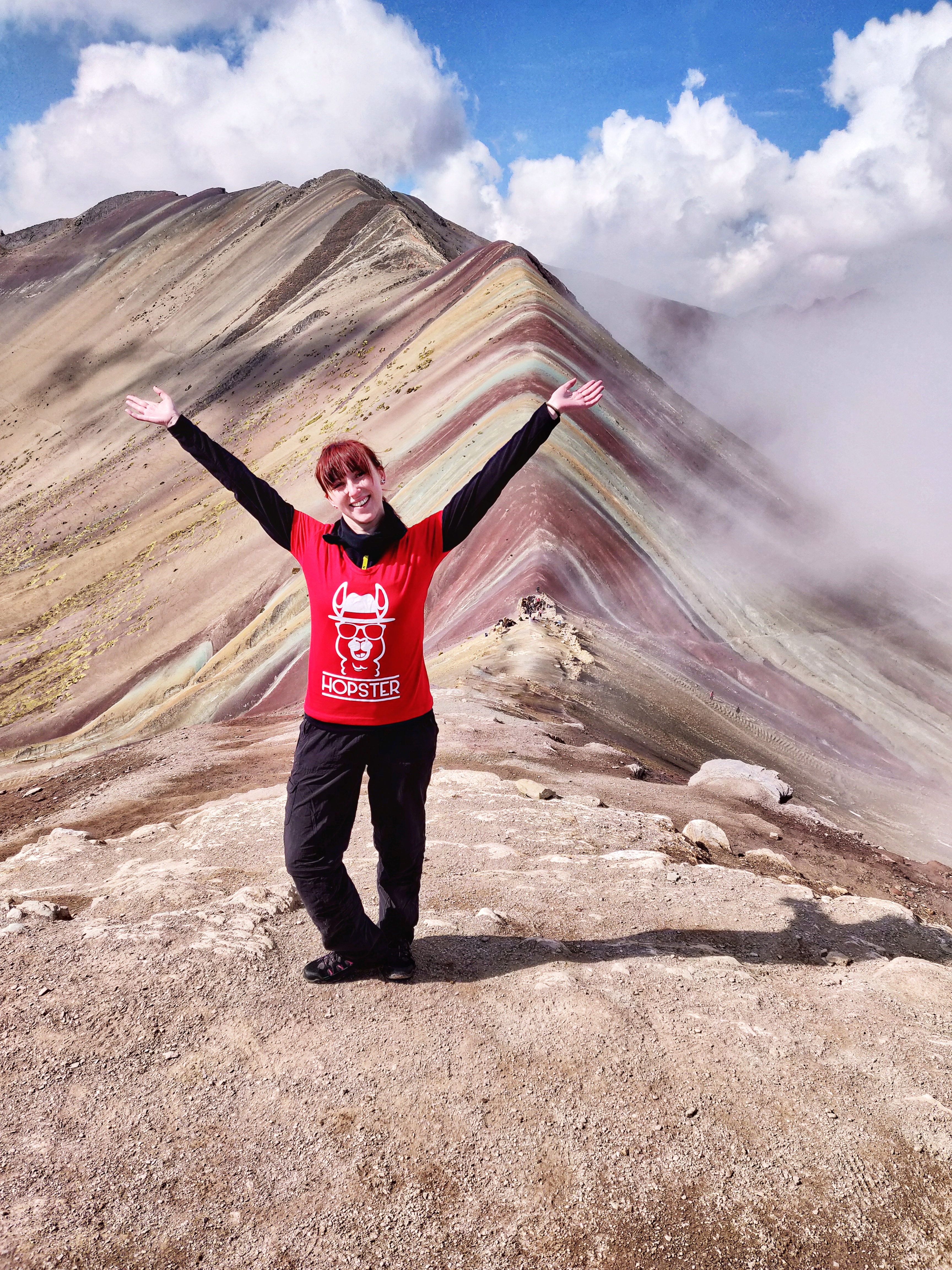 Sporting my Peru Hop T-shirt at the top of Rainbow Mountain